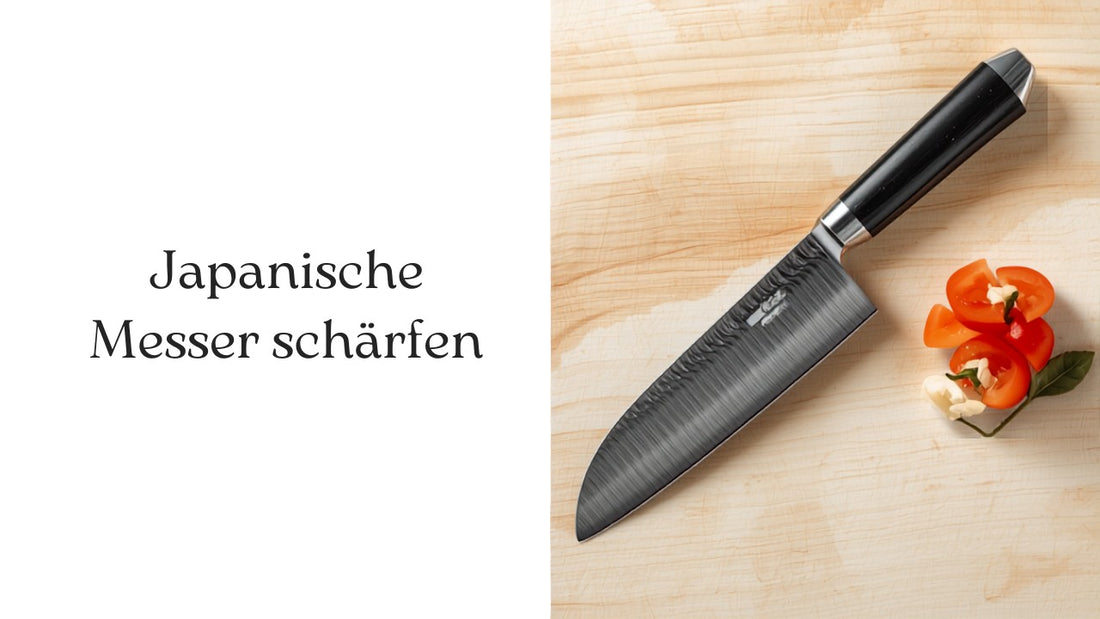 Japanisches Santoku-Messer auf hellem Holzbrett – japanische Messer schärfen