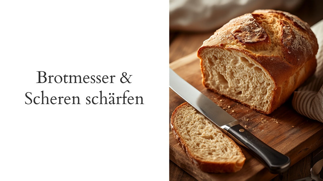 Brotmesser mit frischem Krustenbrot auf Holzbrett – Brotmesser schärfen