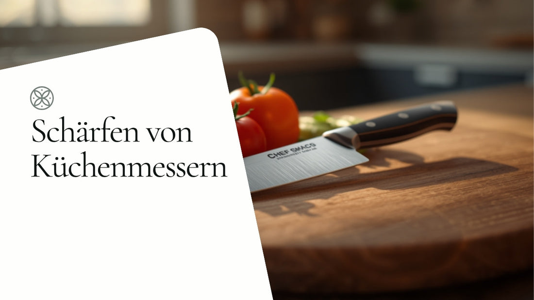 Kochmesser auf Holzschneidebrett mit Tomaten – Messer schärfen Anleitung