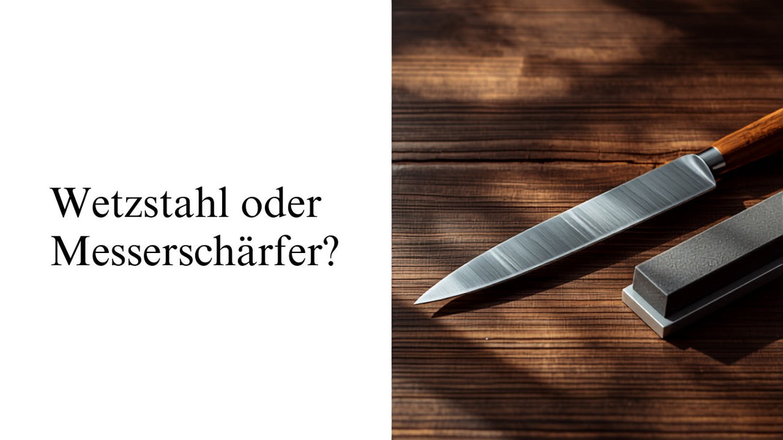 Wetzstahl, Schleifstein und Kochmesser im Vergleich auf Holzarbeitsplatte
